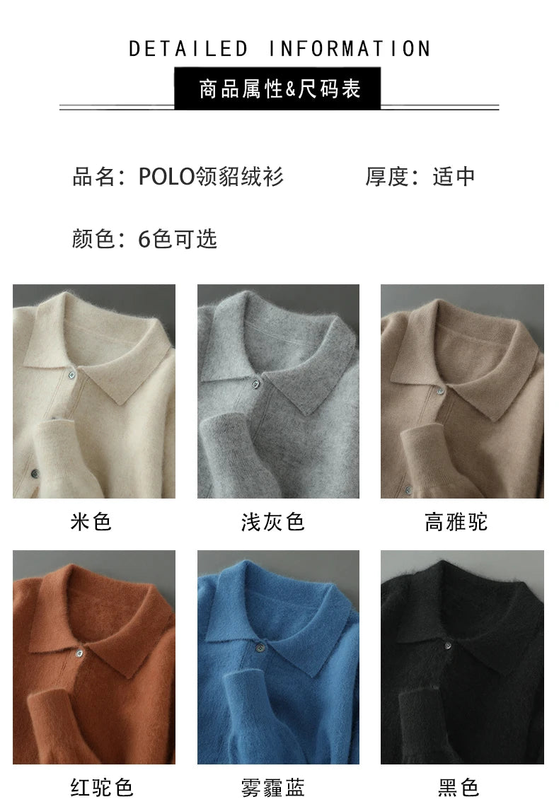 100% Pure Mink Cashmere Sweater Men's POLO Collar Wears Thick Button-Down Lapels And Solid Color Casual Knitted Bottoming Shirt