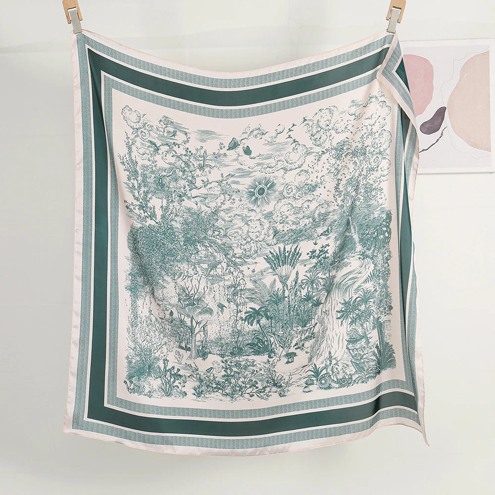 110*110cm Satin Square Scarf Women Big Size Shawl Ink Wash Style Luxury Design Scarf Floral Printed Handkerchief Damask Hijab