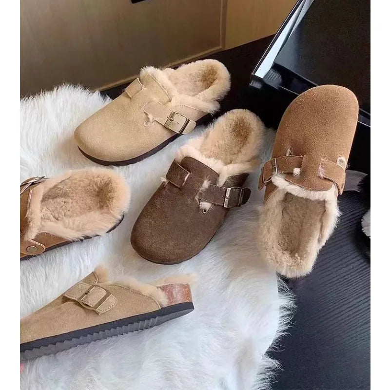 New Women Slippers Fur Flats Short Plush Mules Shoes Women Fashion Buckle Soft Sole Cotton Shoes Suede Home Warm Slippers Mules
