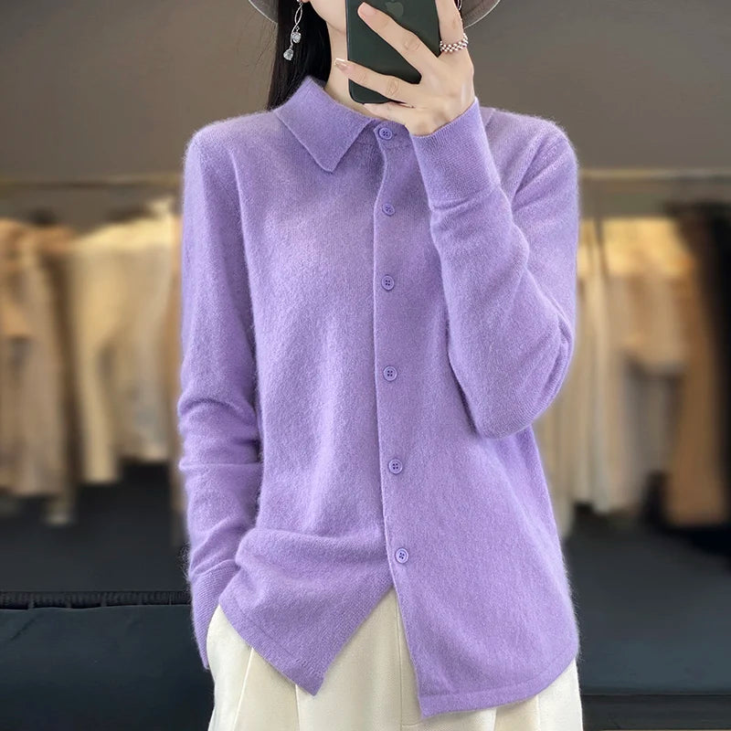 100% Mink Cashmere POLO Collar Women's Sweater Cardigan Solid Color Thick warm Cardigan Sweater For Women 2023 Autumn/Winter New