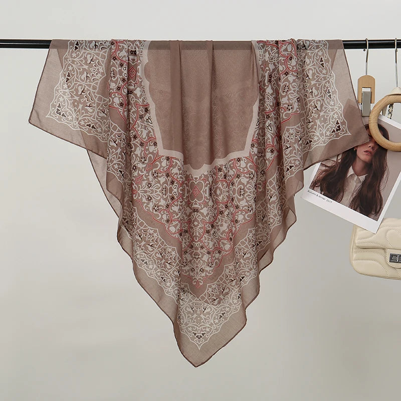 110*110cm Satin Square Scarf Women Big Size Shawl Ink Wash Style Luxury Design Scarf Floral Printed Handkerchief Damask Hijab