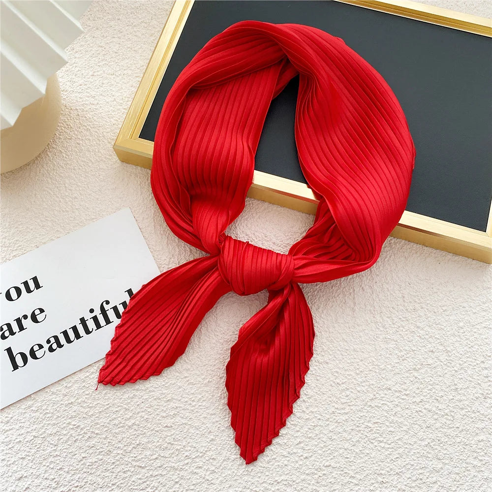 Peony Flower Pleated Silk Scarf Square Neck Scarves Crinkle Hair Bands Scarf Bandana Satin Hijab Head Wraps Neckerchief 70cm