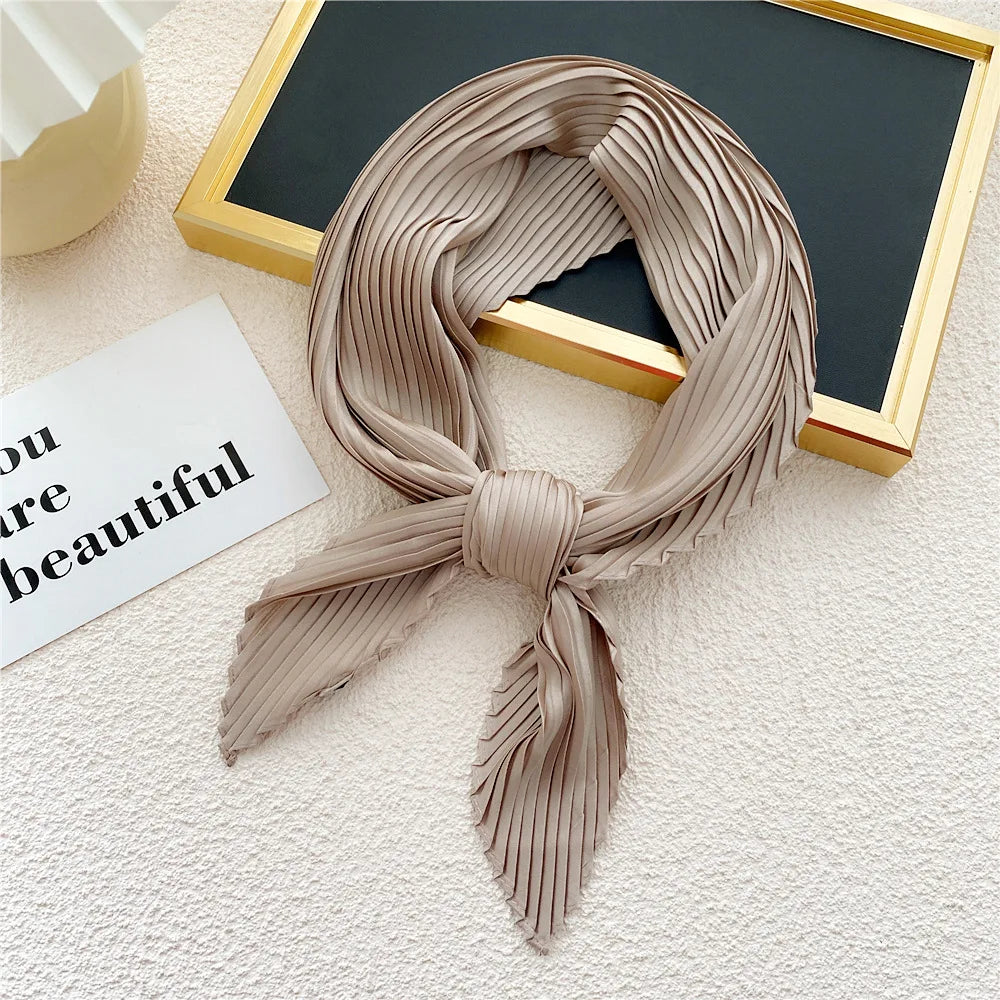 Peony Flower Pleated Silk Scarf Square Neck Scarves Crinkle Hair Bands Scarf Bandana Satin Hijab Head Wraps Neckerchief 70cm