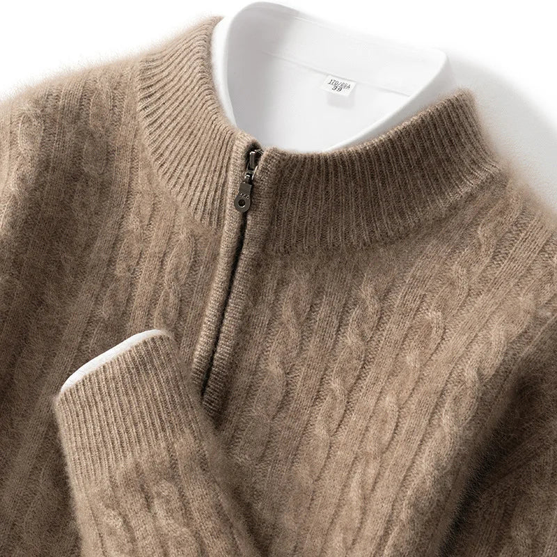 Men's 100% Pure Cashmere Pullover Thickened Warm Zipper Sweater High Collar Loose Top Business Leisure Solid Knitted