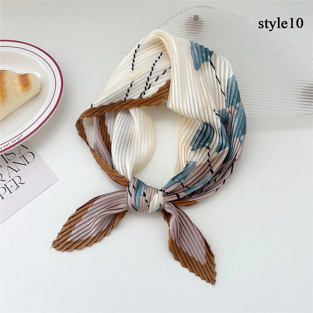 Peony Flower Pleated Silk Scarf Square Neck Scarves Crinkle Hair Bands Scarf Bandana Satin Hijab Head Wraps Neckerchief 70cm