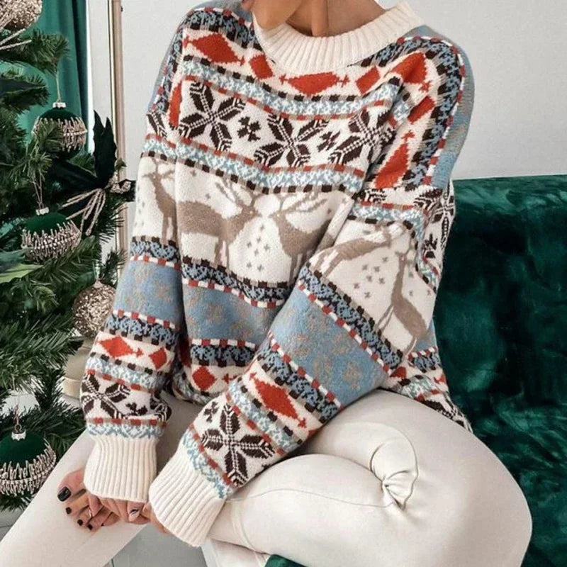 Y2k Style 2025 Winter Women Christmas Sweaters Allover Print Oversized Jumpers Full Sleeve Knitwear Warm Thick Knit Pullover Top