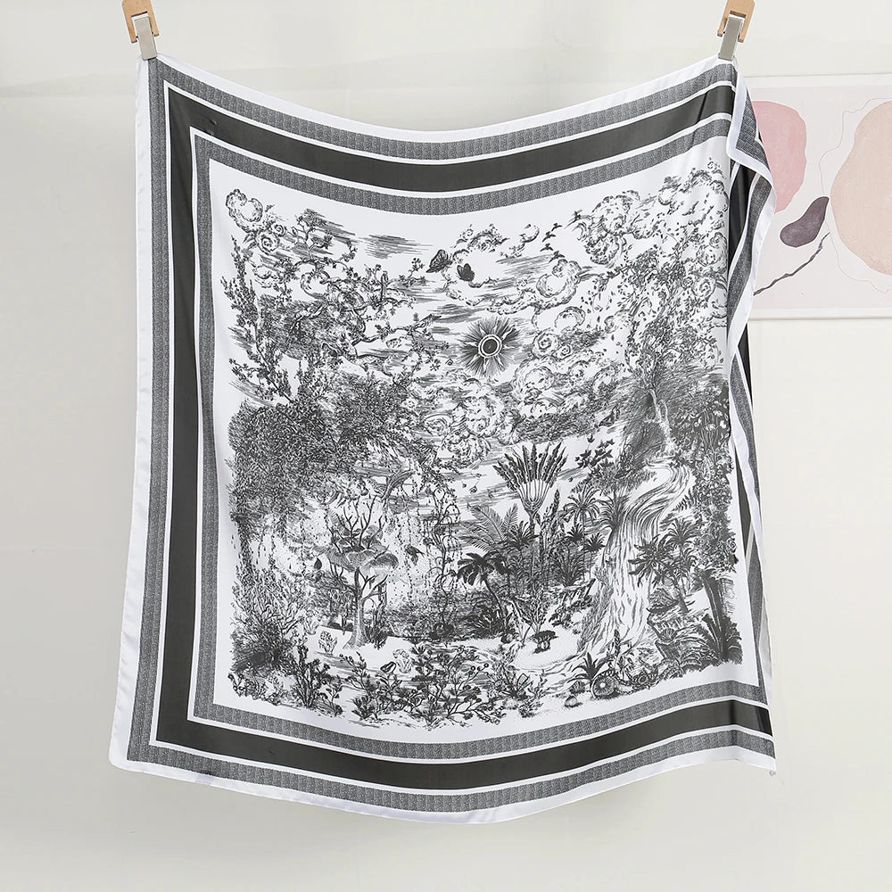 110*110cm Satin Square Scarf Women Big Size Shawl Ink Wash Style Luxury Design Scarf Floral Printed Handkerchief Damask Hijab