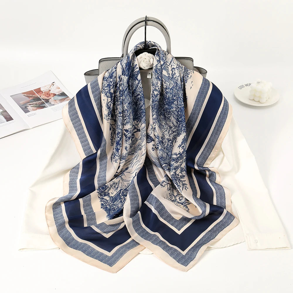 110*110cm Satin Square Scarf Women Big Size Shawl Ink Wash Style Luxury Design Scarf Floral Printed Handkerchief Damask Hijab