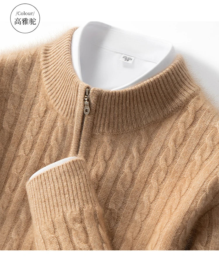 Men's 100% Pure Cashmere Pullover Thickened Warm Zipper Sweater High Collar Loose Top Business Leisure Solid Knitted