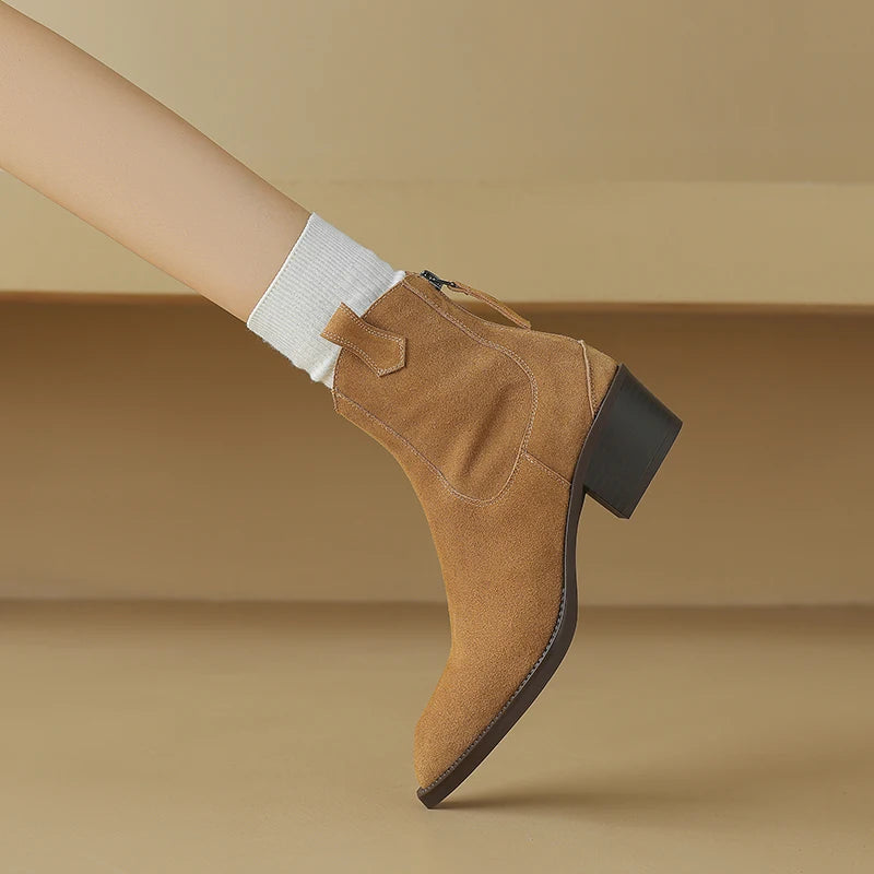 AIYUQI Women's Ankle Boots 2025 New Pointed Toe Zippered Western Cowboy Boots For Women Block Heel Work Boots Female