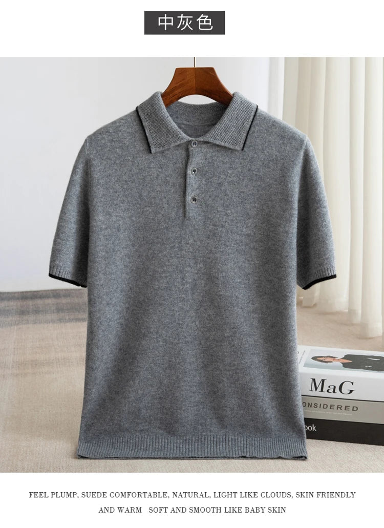 100% Merino wool men's lapel short sleeved sweater T-shirt new knitted casual business men's pullover sweater wool T-shirt summe
