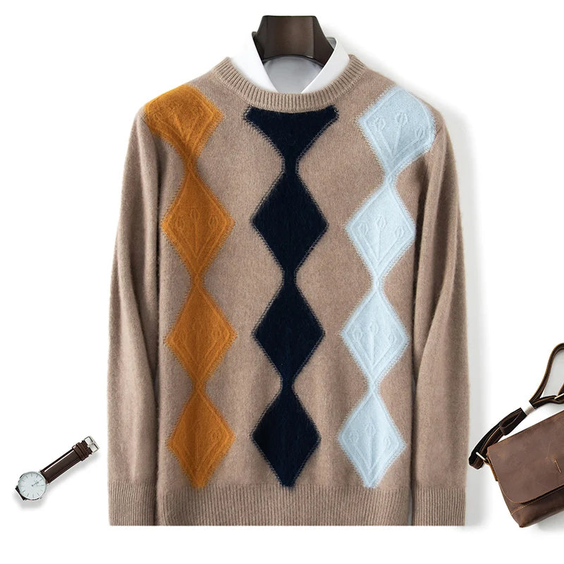 Autumn And Winter Mink Cashmere Sweater Men's Round Neck Thick Sweater Color Matching Business Jacquard Knit Bottoming Shirt