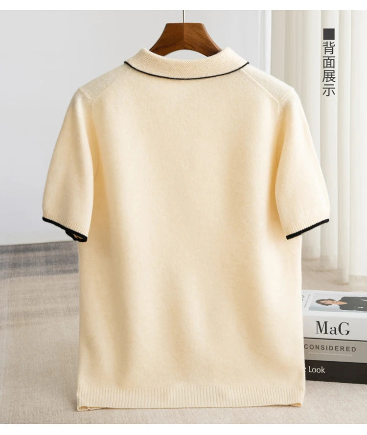 100% Merino wool men's lapel short sleeved sweater T-shirt new knitted casual business men's pullover sweater wool T-shirt summe