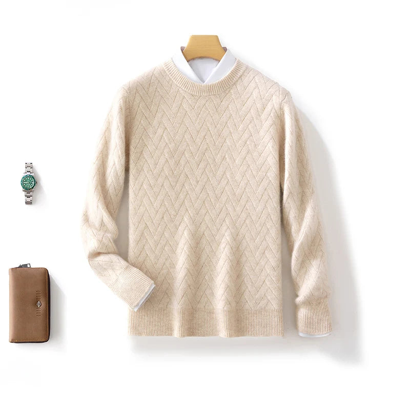 Winter Thick Warm Jacquard Cashmere Round Neck Sweater Men's Slim Fashion Pullover Knitted Wool Bottoming Shirt