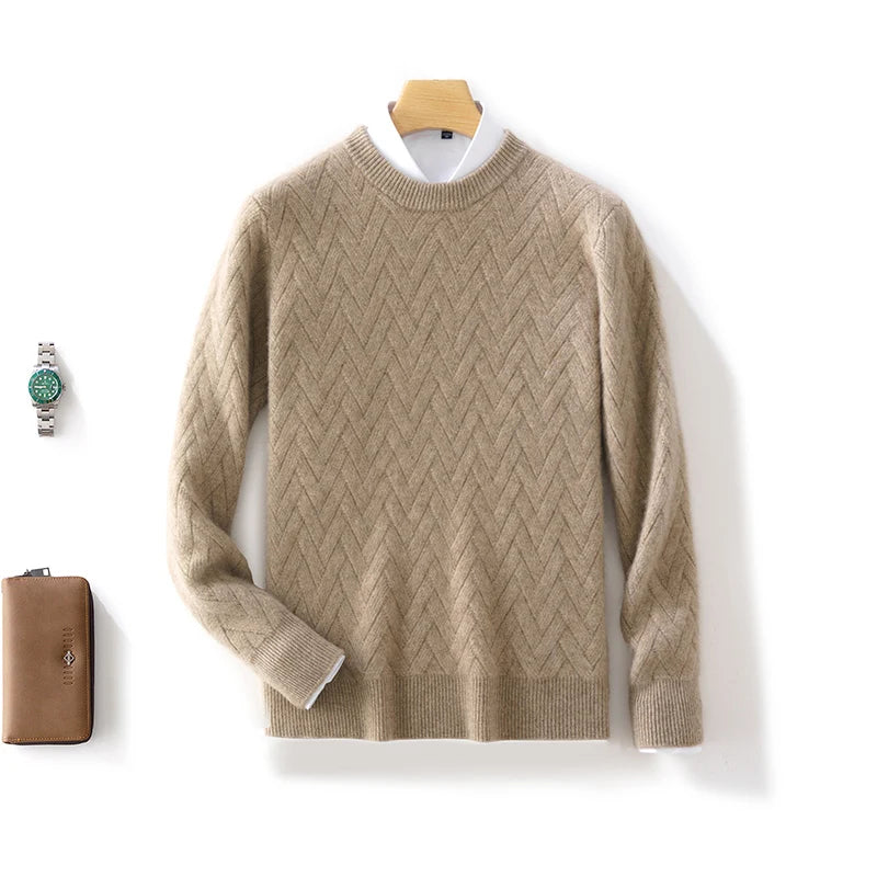 Winter Thick Warm Jacquard Cashmere Round Neck Sweater Men's Slim Fashion Pullover Knitted Wool Bottoming Shirt