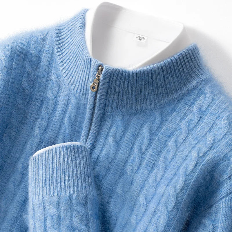 Men's 100% Pure Cashmere Pullover Thickened Warm Zipper Sweater High Collar Loose Top Business Leisure Solid Knitted