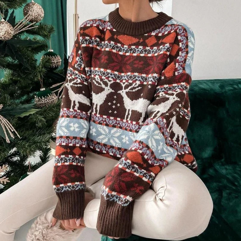 Y2k Style 2025 Winter Women Christmas Sweaters Allover Print Oversized Jumpers Full Sleeve Knitwear Warm Thick Knit Pullover Top
