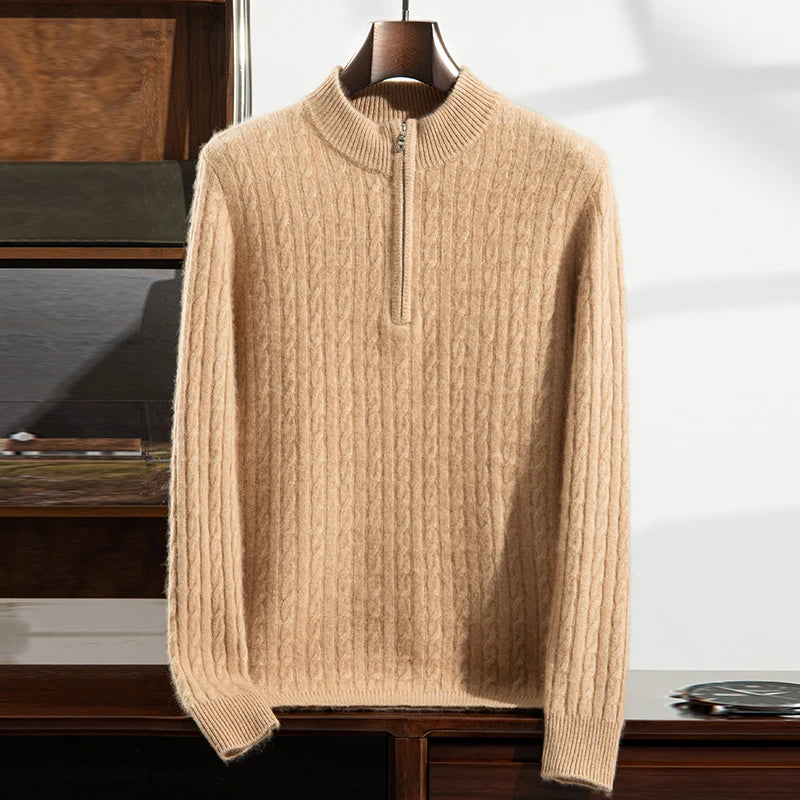 Men's 100% Pure Cashmere Pullover Thickened Warm Zipper Sweater High Collar Loose Top Business Leisure Solid Knitted