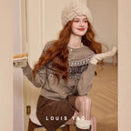 LOUIS YAO Jacquard Color Contrasting Cardigan 2025 Autumn/Winter Knitwear Christmas Day Casual Round Neck Women's Knitted Shirt