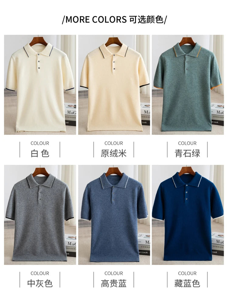 100% Merino wool men's lapel short sleeved sweater T-shirt new knitted casual business men's pullover sweater wool T-shirt summe