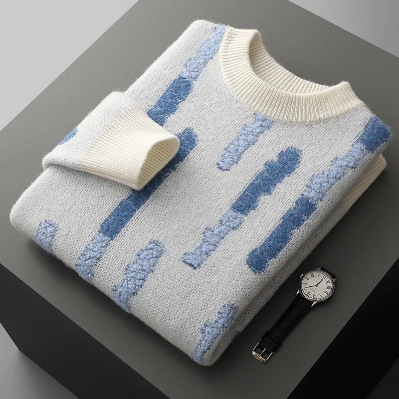 New 100% Pure Wool Men's O-neck Pullover 2025 Autumn/Winter Color Matching Top Casual Thick Fashion Large Size Jumper Sweater