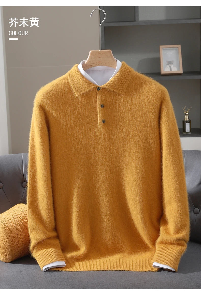 2025 Autumn And Winter New Men's Mink Wool Sweater POLO Collar Pullover Business Thick Warm Loose Oversized Knitted Sweater Tops