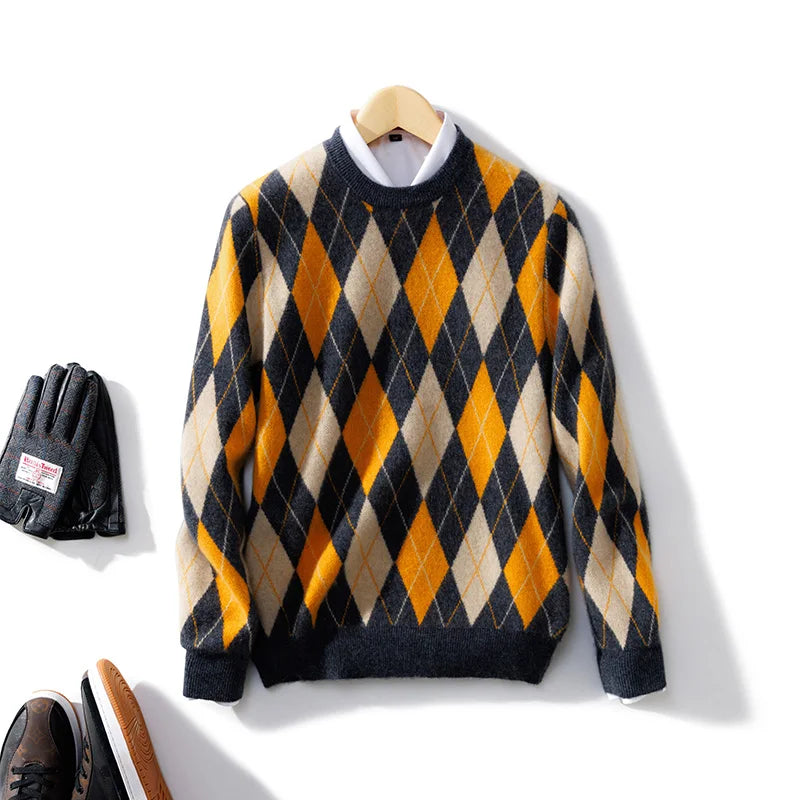 New 100% Pure Wool Cashmere Men's O-neck Pullover Autumn And Winter Color Matching Top Casual Thick Fashion Large Size Jacket