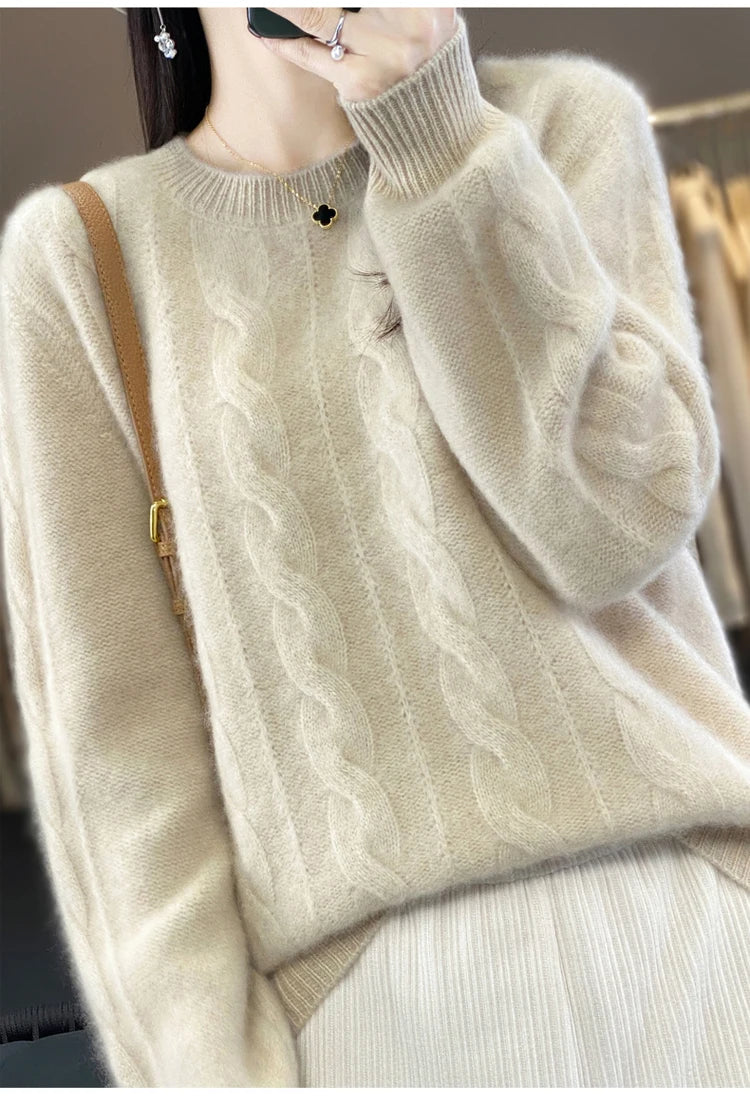 Women's 100% Pure Cashmere Sweater round Neck Twist Thick Loose Long Sleeve Bottoming Shirt for Autumn And Winter