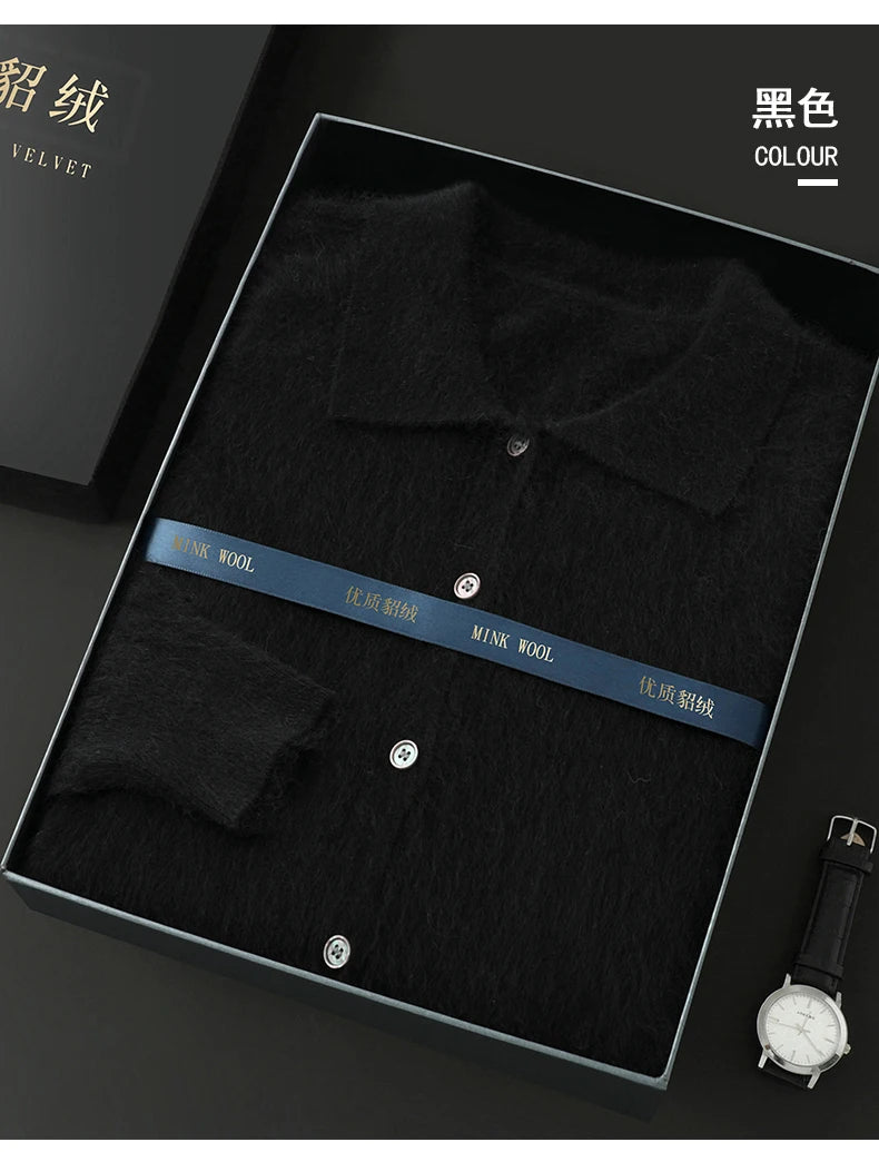 100% Pure Mink Cashmere Sweater Men's POLO Collar Wears Thick Button-Down Lapels And Solid Color Casual Knitted Bottoming Shirt