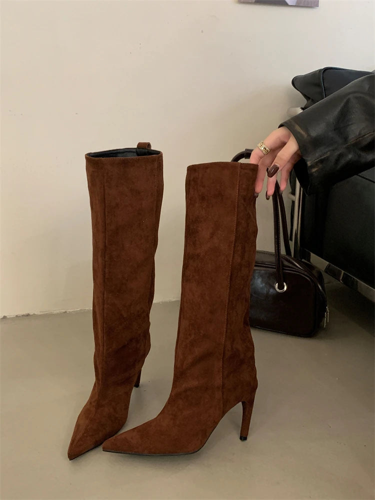 Aneikeh Fashion Winter Pointed Toe Knee-High Women Boots Thin Heels Shoes Female Punk Long Booties Zapatos De Muje