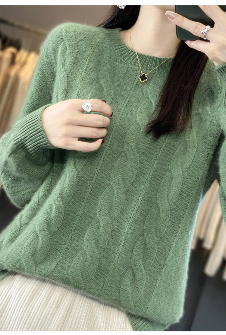 Women's 100% Pure Cashmere Sweater round Neck Twist Thick Loose Long Sleeve Bottoming Shirt for Autumn And Winter