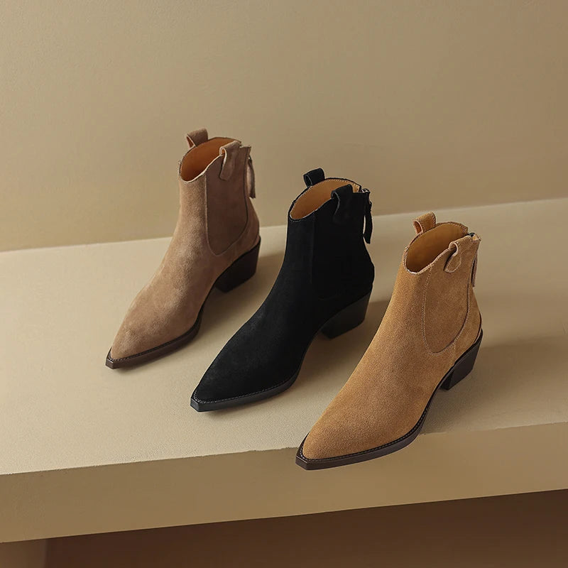 AIYUQI Women's Ankle Boots 2025 New Pointed Toe Zippered Western Cowboy Boots For Women Block Heel Work Boots Female