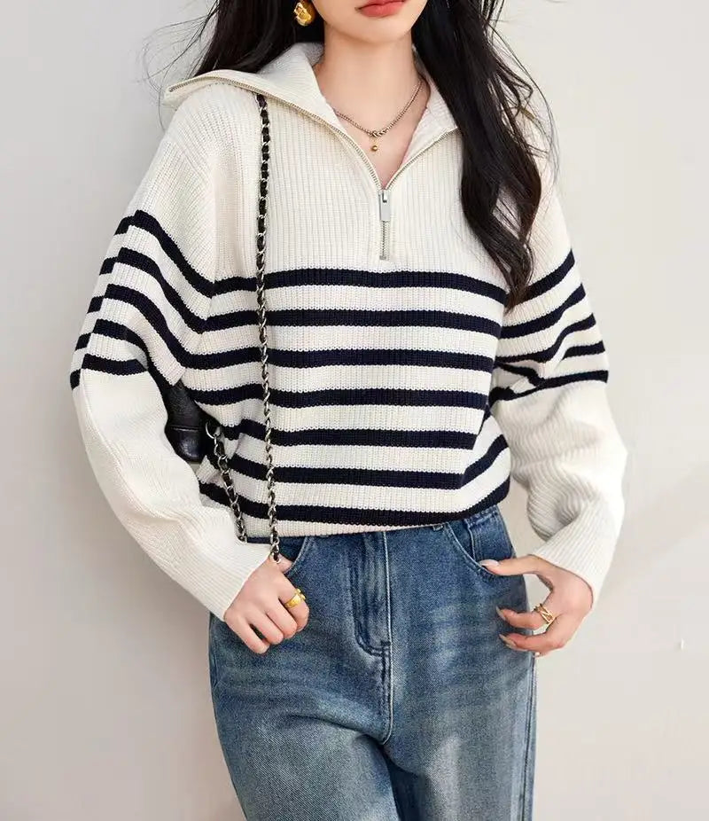 Quarter Zipper Sweater Women Long Sleeve High Collar Rib Knit Pullover Casual Striped Sweater Jumper Fall Winter Outfit