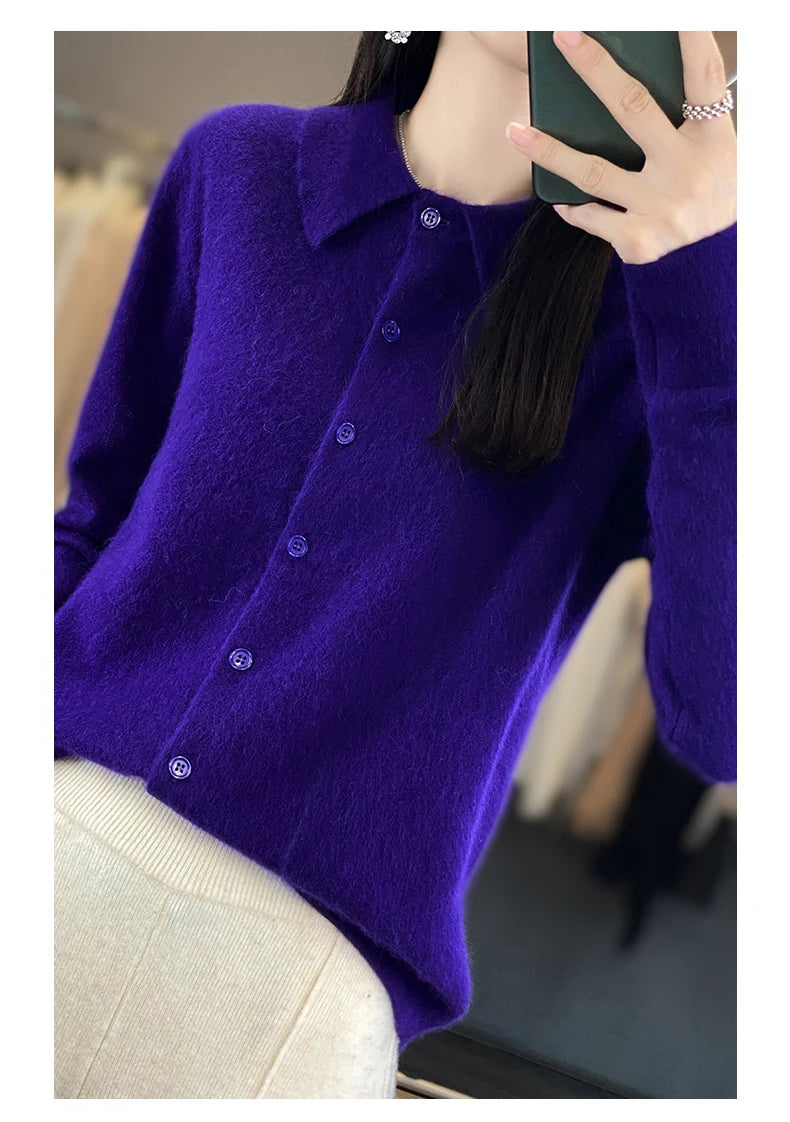 100% Mink Cashmere POLO Collar Women's Sweater Cardigan Solid Color Thick warm Cardigan Sweater For Women 2023 Autumn/Winter New