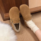 Classic Belt Buckle Loafer Woman Spring/Winter Cotton Fur Lined Flats Barefoot Shoes Ladies Cozy Slip on Driving Mocasines Femme