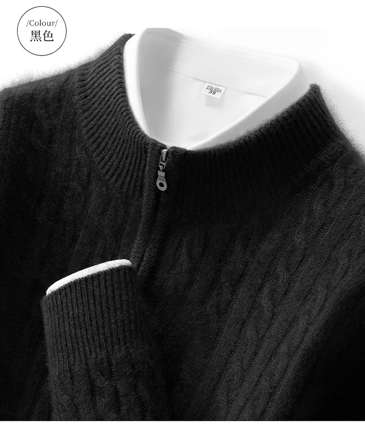 Men's 100% Pure Cashmere Pullover Thickened Warm Zipper Sweater High Collar Loose Top Business Leisure Solid Knitted