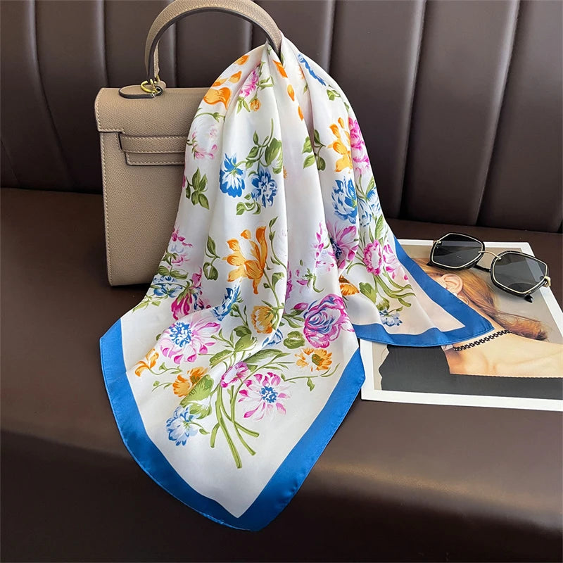 Luxury Print Satin Silk Square Scarf for Women Shawl Hijab Neckerchief Female Hair Ribbon Headband Fashion Wrap Bandana 2023 New