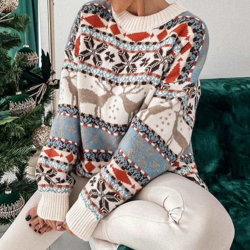 Y2k Style 2025 Winter Women Christmas Sweaters Allover Print Oversized Jumpers Full Sleeve Knitwear Warm Thick Knit Pullover Top