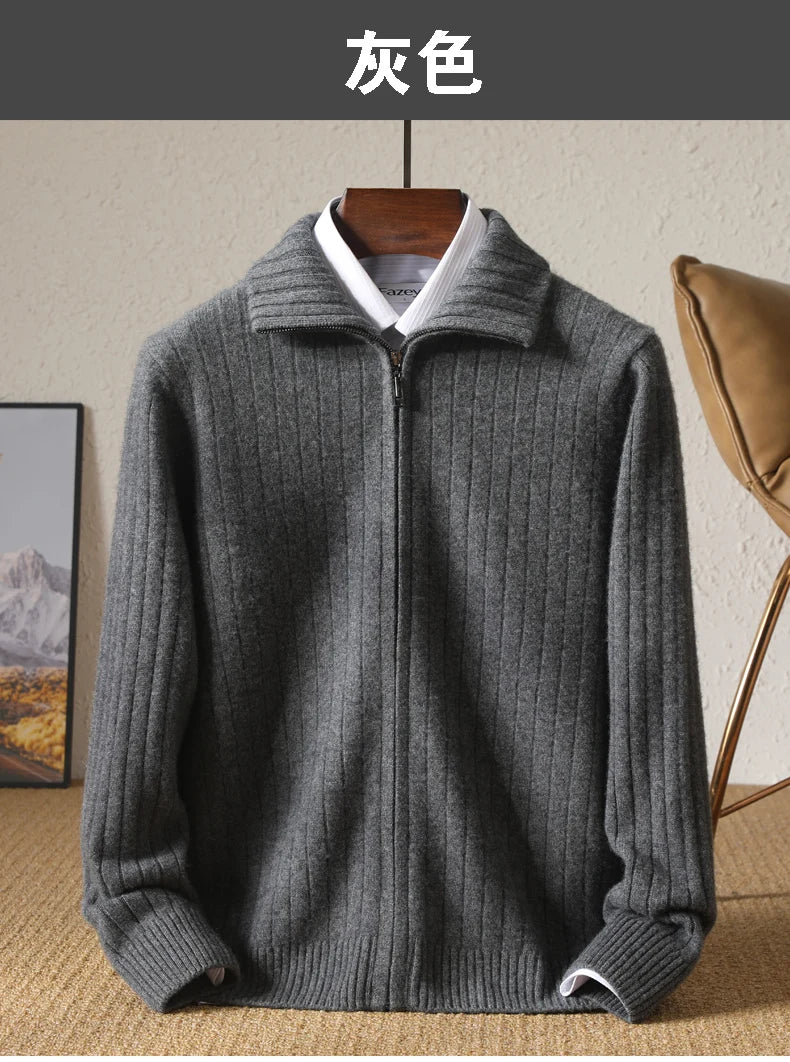 Men 100% Merino Wool Stand-Up Collar Cardigan Casual Knit Business Zipper Coat Autumn Winter Versatile Warm Men Cashmere Jacket