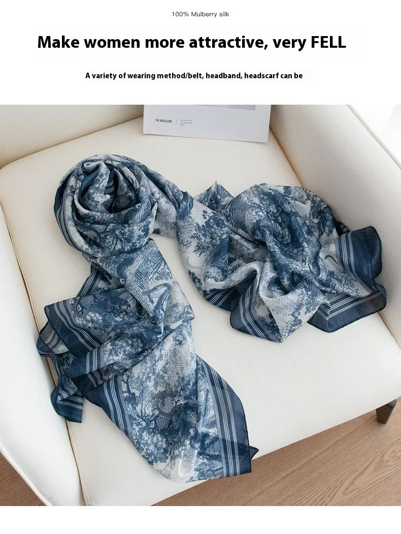 Spring and summer long strip 100% mulberry silk scarf blue silk scarf high literary sense sun protection large shawl thin