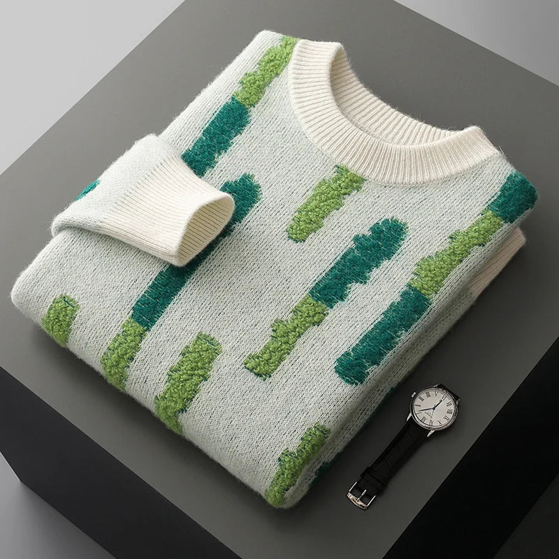 New 100% Pure Wool Men's O-neck Pullover 2025 Autumn/Winter Color Matching Top Casual Thick Fashion Large Size Jumper Sweater