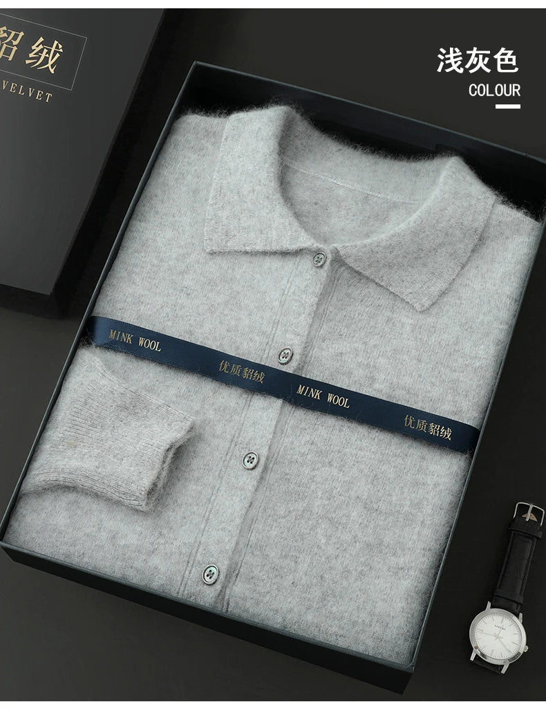 100% Pure Mink Cashmere Sweater Men's POLO Collar Wears Thick Button-Down Lapels And Solid Color Casual Knitted Bottoming Shirt