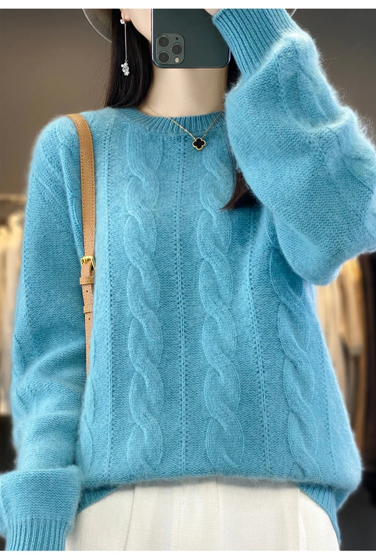 Women's 100% Pure Cashmere Sweater round Neck Twist Thick Loose Long Sleeve Bottoming Shirt for Autumn And Winter