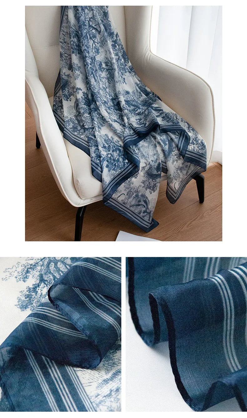 Spring and summer long strip 100% mulberry silk scarf blue silk scarf high literary sense sun protection large shawl thin
