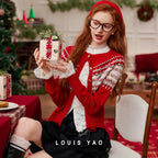 LOUIS YAO Jacquard Color Contrasting Cardigan 2025 Autumn/Winter Knitwear Christmas Day Casual Round Neck Women's Knitted Shirt
