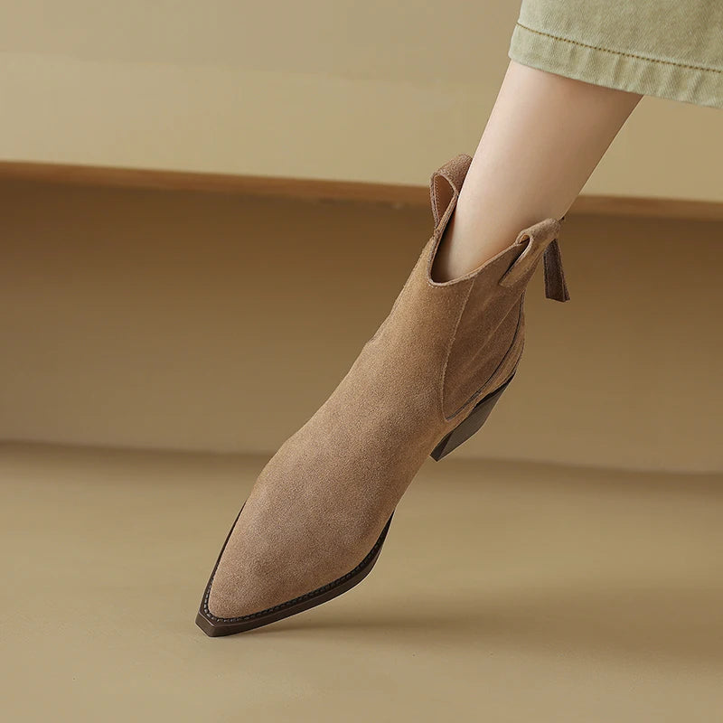 AIYUQI Women's Ankle Boots 2025 New Pointed Toe Zippered Western Cowboy Boots For Women Block Heel Work Boots Female