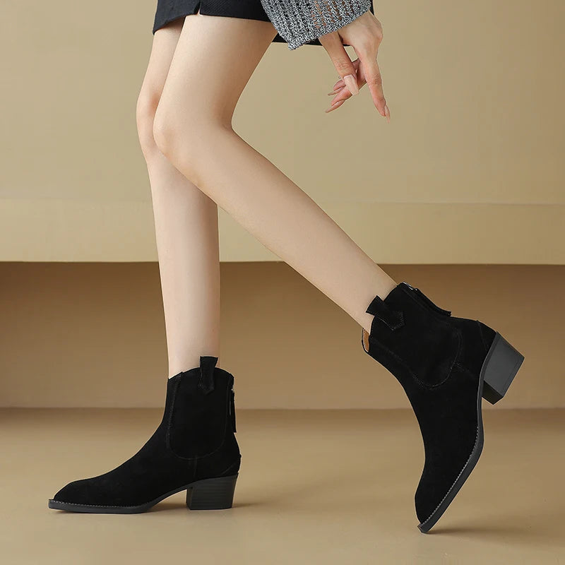 AIYUQI Women's Ankle Boots 2025 New Pointed Toe Zippered Western Cowboy Boots For Women Block Heel Work Boots Female