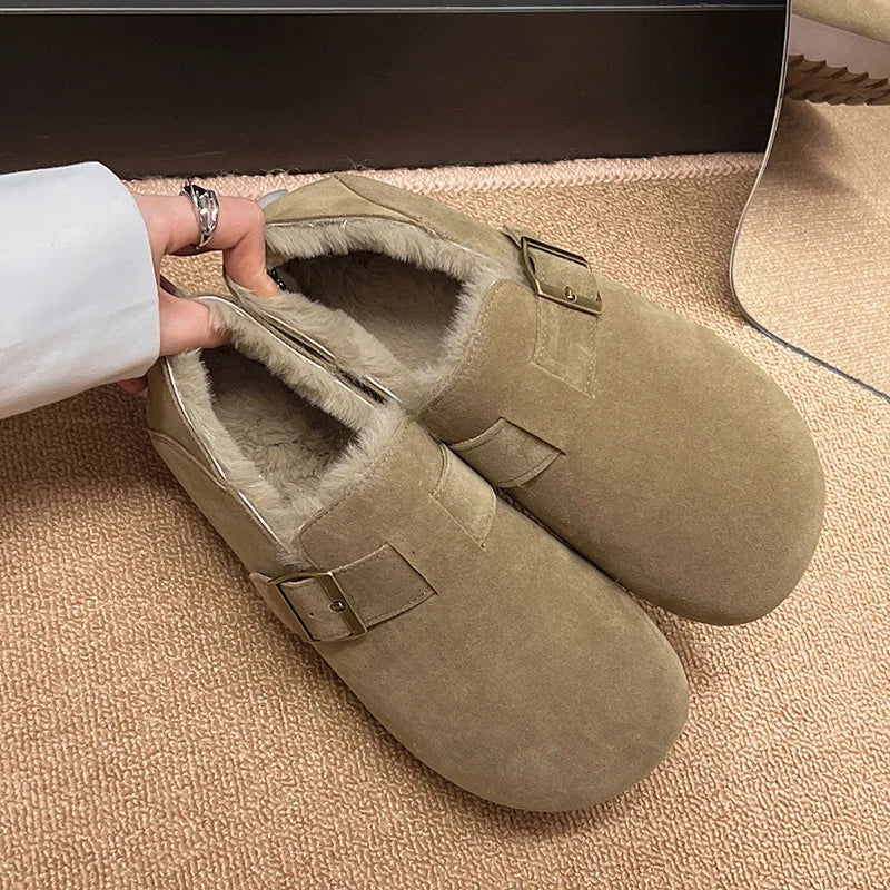 Classic Belt Buckle Loafer Woman Spring/Winter Cotton Fur Lined Flats Barefoot Shoes Ladies Cozy Slip on Driving Mocasines Femme