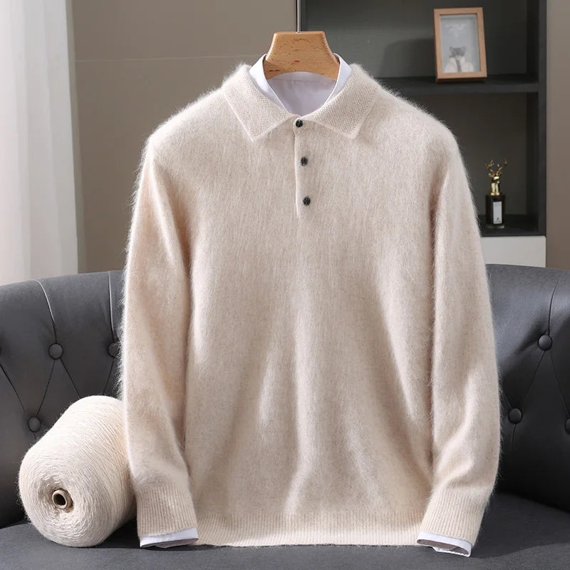 2025 Autumn And Winter New Men's Mink Wool Sweater POLO Collar Pullover Business Thick Warm Loose Oversized Knitted Sweater Tops