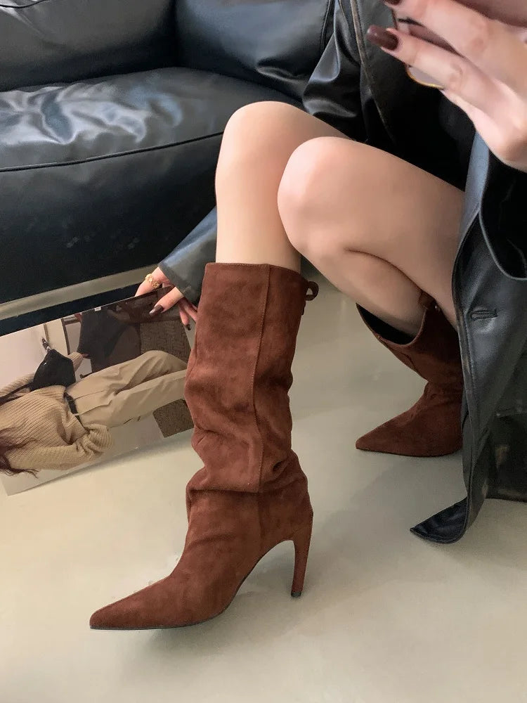 Aneikeh Fashion Winter Pointed Toe Knee-High Women Boots Thin Heels Shoes Female Punk Long Booties Zapatos De Muje